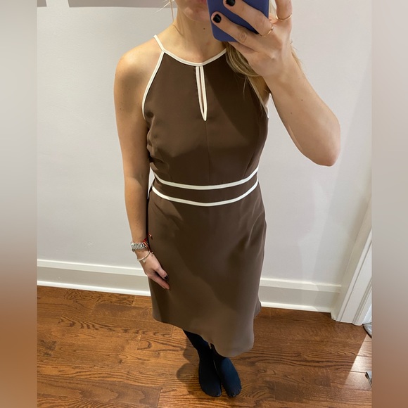 Evan Picone Halter Dress, Brown/White, Sleeveless, A-line, Midi, Women's (US M) - Picture 9 of 11